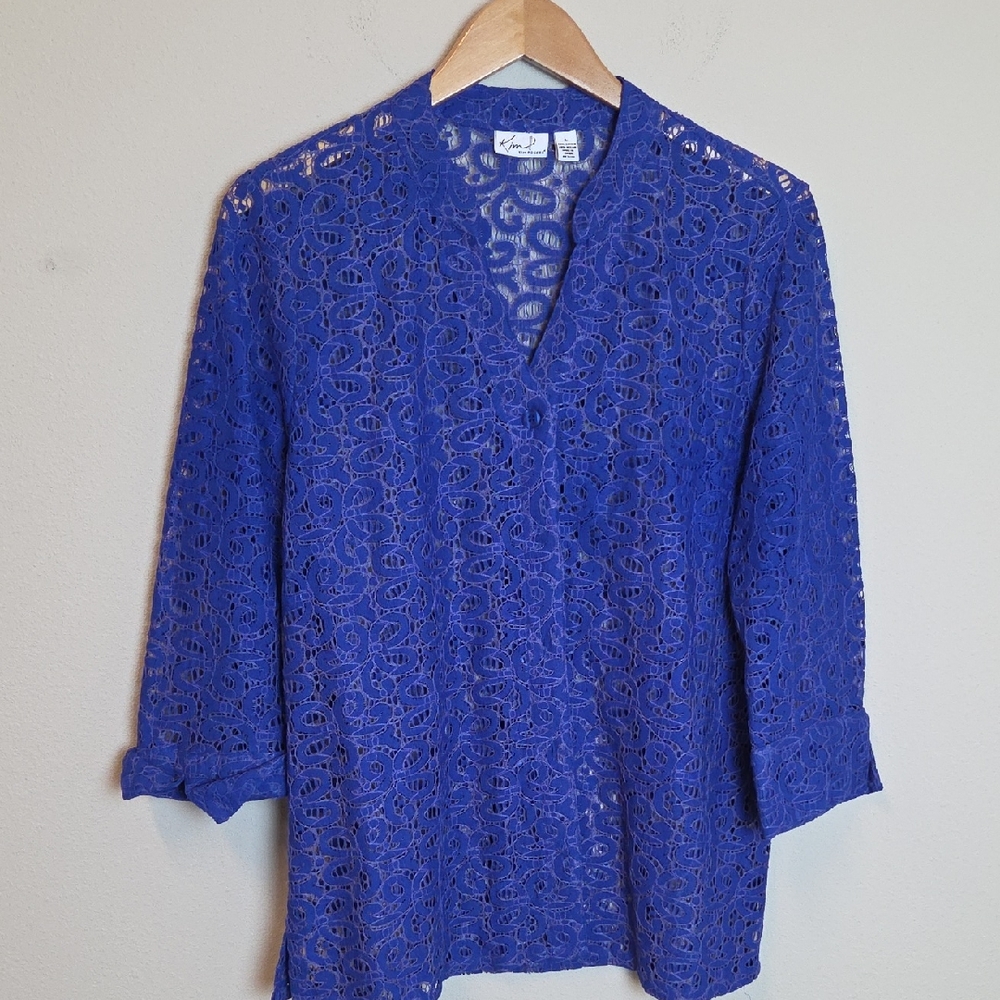 Kim Rogers Blue Crochet Lace V-Neck Blouse Size L